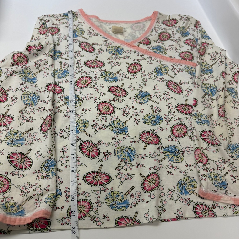 Green Cotton Womens Parasol Cherry Blossom V-Neck Long Sleeve Lounge Top Small - Picture 6 of 11